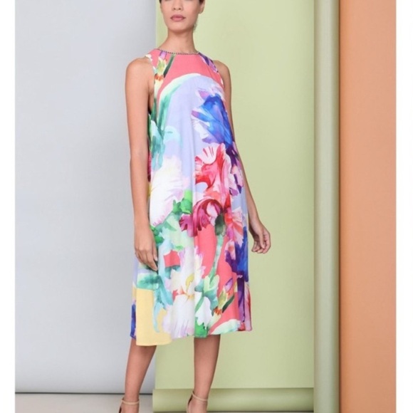 BL^NK LONDON X ANTHRO Ashleigh Trapeze Watercolor Floral Midi Dress Size XS - Picture 2 of 12